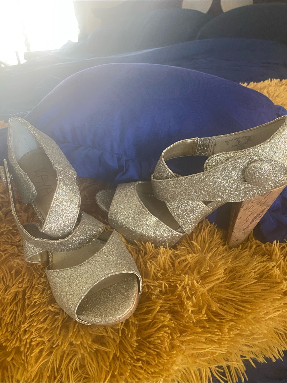 Silver Glitter Open-Toe Block Heel Sandals with Ankle Strap